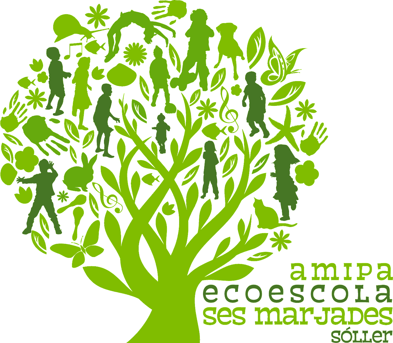 Logotip de l'AFA: un arbre ple de siluetes d'infants, fulles i animals